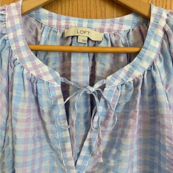 LOFT Blue & Lavender Pastel Gingham Tie-Neck Puff Sleeve Blouse Women’s Size L - Picture 5 of 11
